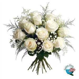 Bouquet di rose bianche e gypsophila