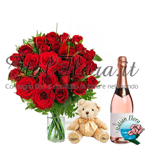 Bouquet Di Rose Rosse Con Vino Bianco E Peluche Italflora