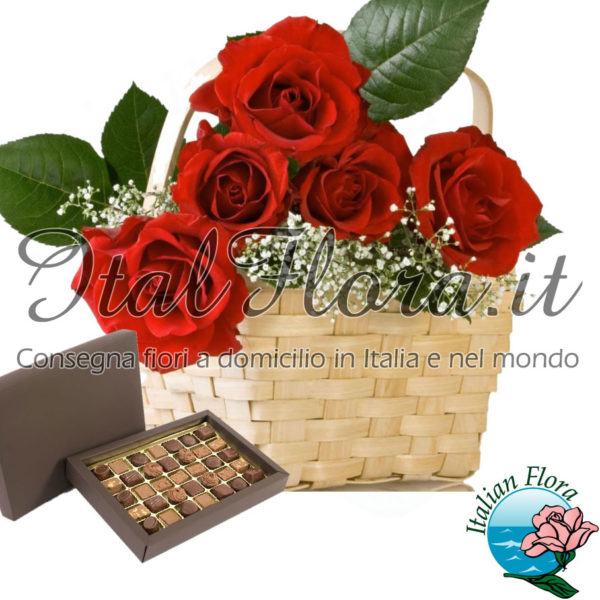 Cesto di rose rosse e cioccolatini