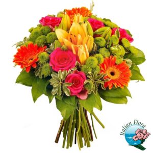 Bouquet con gigli, gerbere e rose