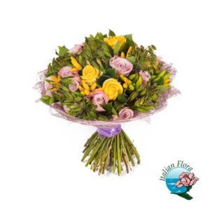 Bouquet con 25 rose miste colorate e un orsetto di peluche