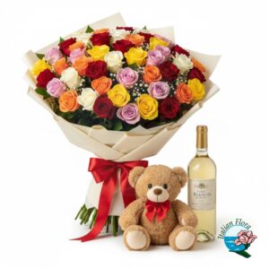 Bouquet di 50 rose colorate con peluche e vino bianco