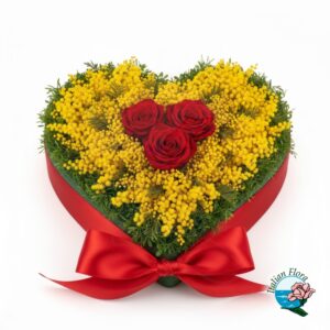 Tre rose rosse e mimosa