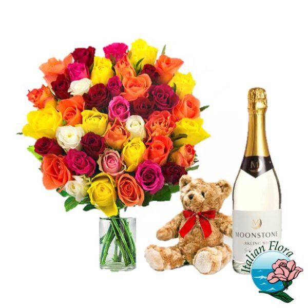 Bouquet di rose colorate con peluche e vino bianco