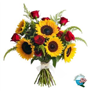 Mazzo di rose rosse e girasoli