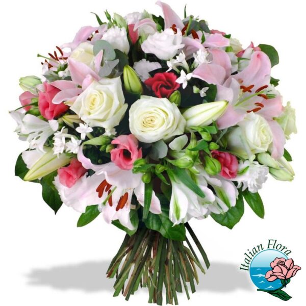 Bouquet di rose bianche, lilium e fiori rosa