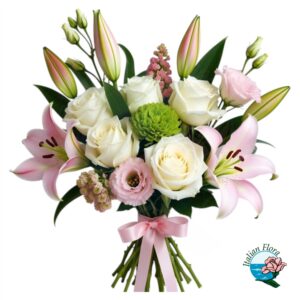 Bouquet di rose bianche lilium e fiori rosa