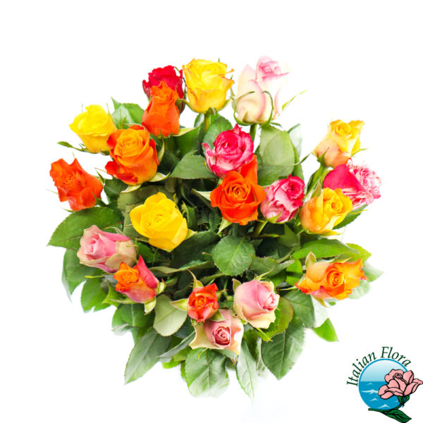 Bouquet di roselline gialle, arancio e rosa