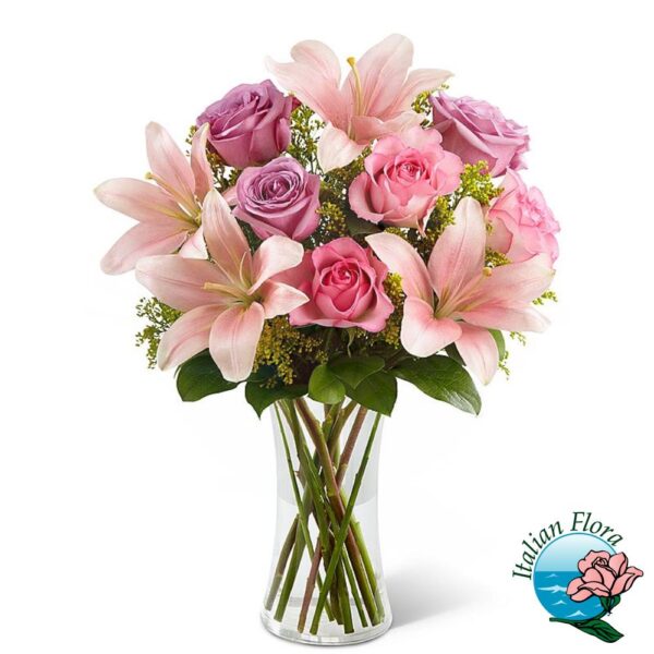Bouquet di lilium e rose nei toni del rosa