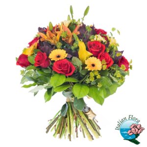 Bouquet con roselline rosse, gerbere gialle e fiori arancio