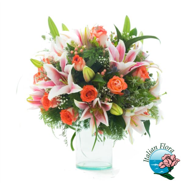 Composizione di lilium rosa e rose salmone