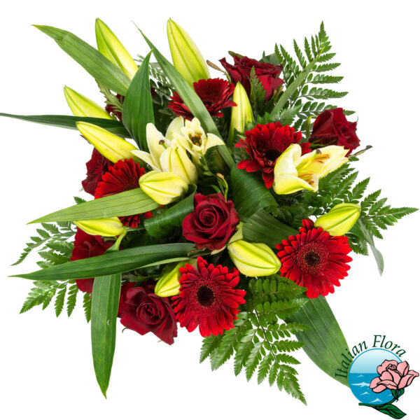 Bouquet con lilium gialli, gerbere e rose rosse
