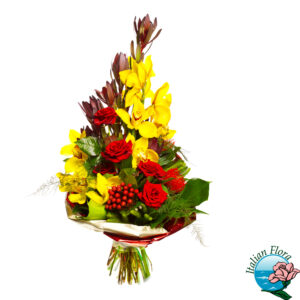 Bouquet con orchidee gerbere e rose rosse