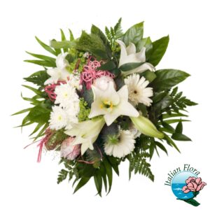 Bouquet con gerbere e lilium bianchi