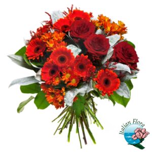 Bouquet con rose e gerbere rosse