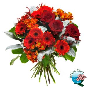 Bouquet con rose e gerbere rosse