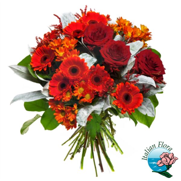 Bouquet con rose e gerbere rosse