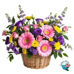 Cestino con fiori misti rosa, gialli e viola