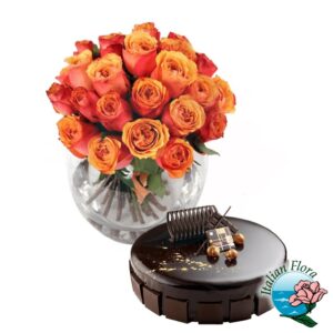 Bouquet di rose arancio con torta al cioccolato