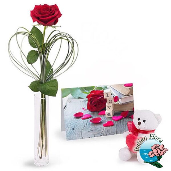 Orsetto di peluche con cartolina e rosa rossa