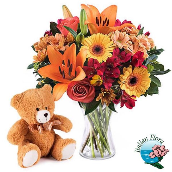 Bouquet di fiori arancio e peluche