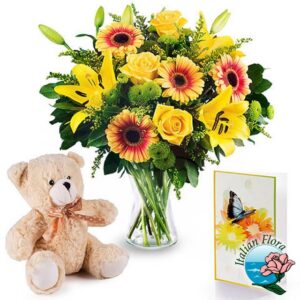 Bouquet di fiori gialli con peluche e biglietto