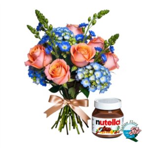 Bouquet di rose e ortensie con vasetto di Nutella