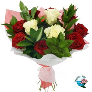 Bouquet di 12 rose rosse e bianche