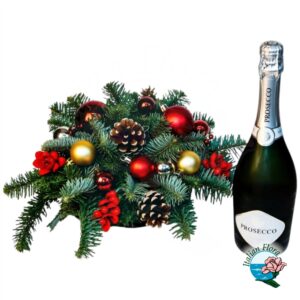 Centrotavola Natalizio di Fiori rossi e bottiglia di Prosecco