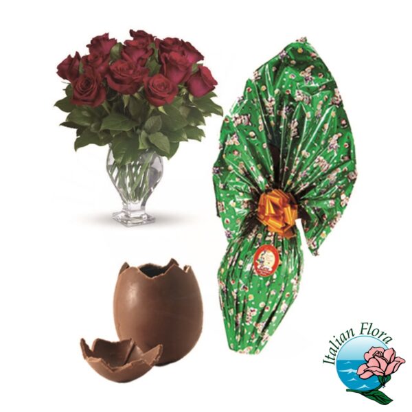 Bouquet di rose rosse con uovo di pasqua