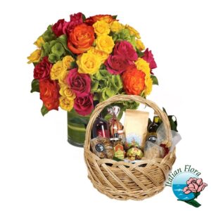 Centrotavola di fiori colorato con cesto alimentare