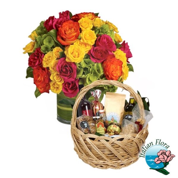 Centrotavola di fiori colorato con cesto alimentare