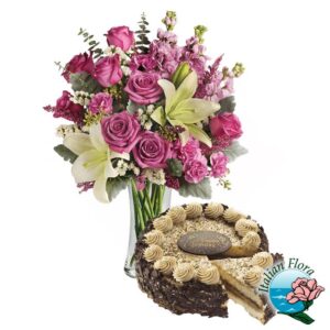 Bouquet di rose rosa con torta alla crema