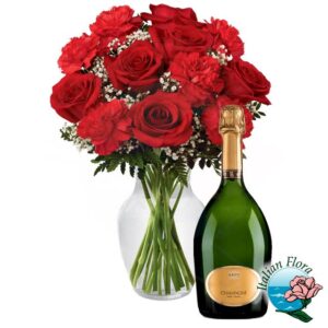 Bouquet rose rosse con bottiglia di champagne