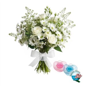 Bouquet di fiori misti bianchi con ciuccio per neonati