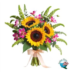 Bouquet di girasoli e fiori rosa