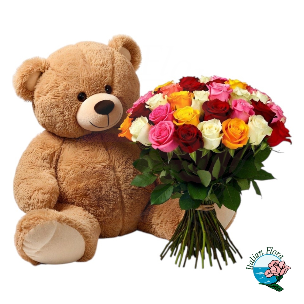 Bouquet di rose colorate con orso di peluche