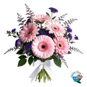 Bouquet con gerbere rosa e fiori viola