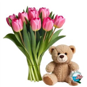 Mazzo di tulipani rosa con orso di peluche
