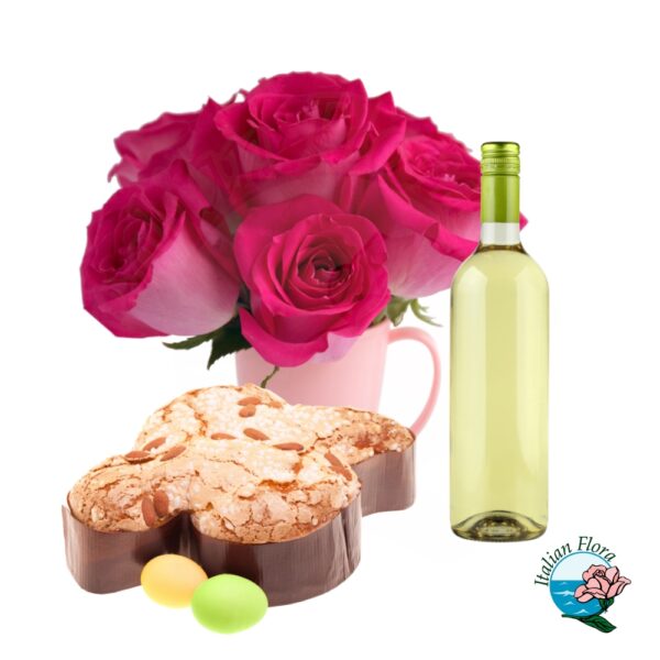 Bouquet di rose fucsia colomba pasquale e vino bianco