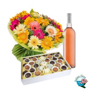 Bouquet di gerbere colorate con cioccolatini e vino rosato