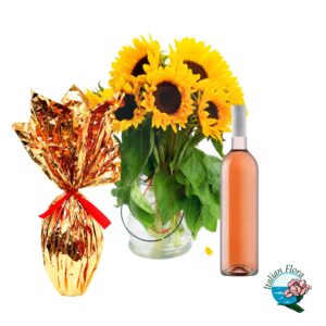 Bouquet di girasoli con uovo di pasqua e vino rosato