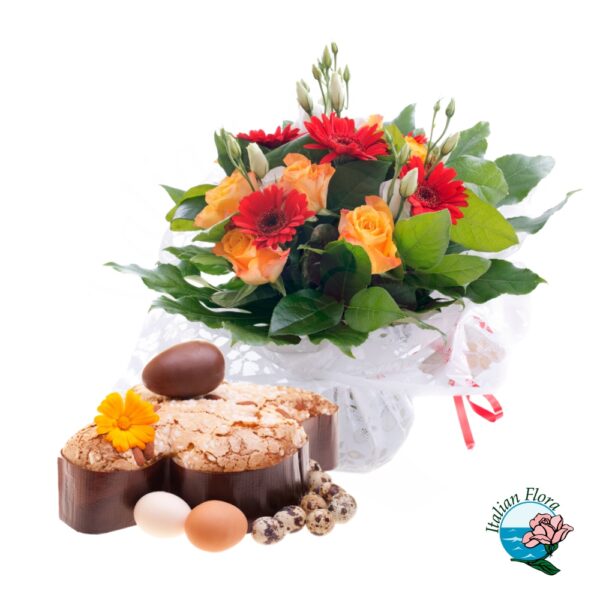 Bouquet giallo e rosso con colomba pasquale