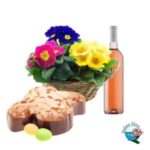 Cestino di piante fiorite con vino e colomba pasquale