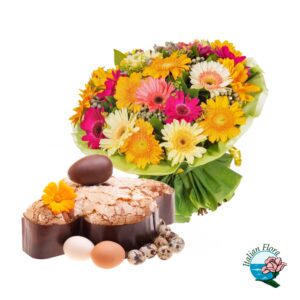 Bouquet di gerbere colorate con colomba pasquale