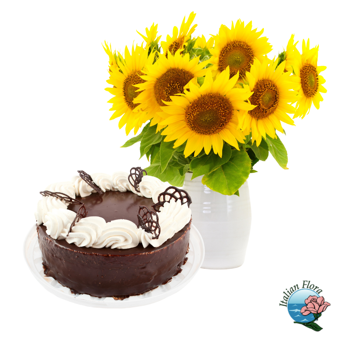 Bouquet di Girasoli con torta cioccolato e panna