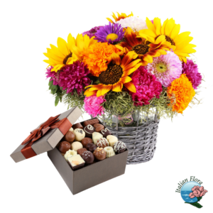 Cesto di fiori misti colorati con scatola di cioccolatini