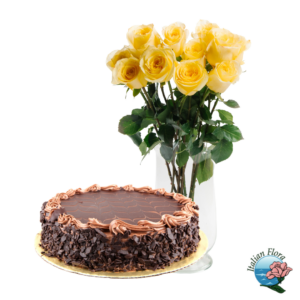 Bouquet di rose gialle e torta al cioccolato