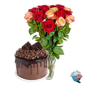 Mazzo di rose rosse e arancio con torta al cioccolato