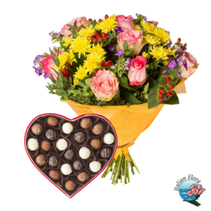Bouquet colorato con scatola di cioccolatini
